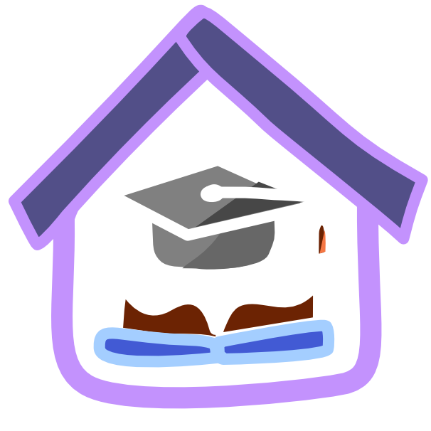 There is a graduation cap sitting above an open book inside a house-shaped frame. The outline of the house is light purple, the roof is dark purple. The book has a blue cover and is lying flat with its pages facing up. The image has light line art.